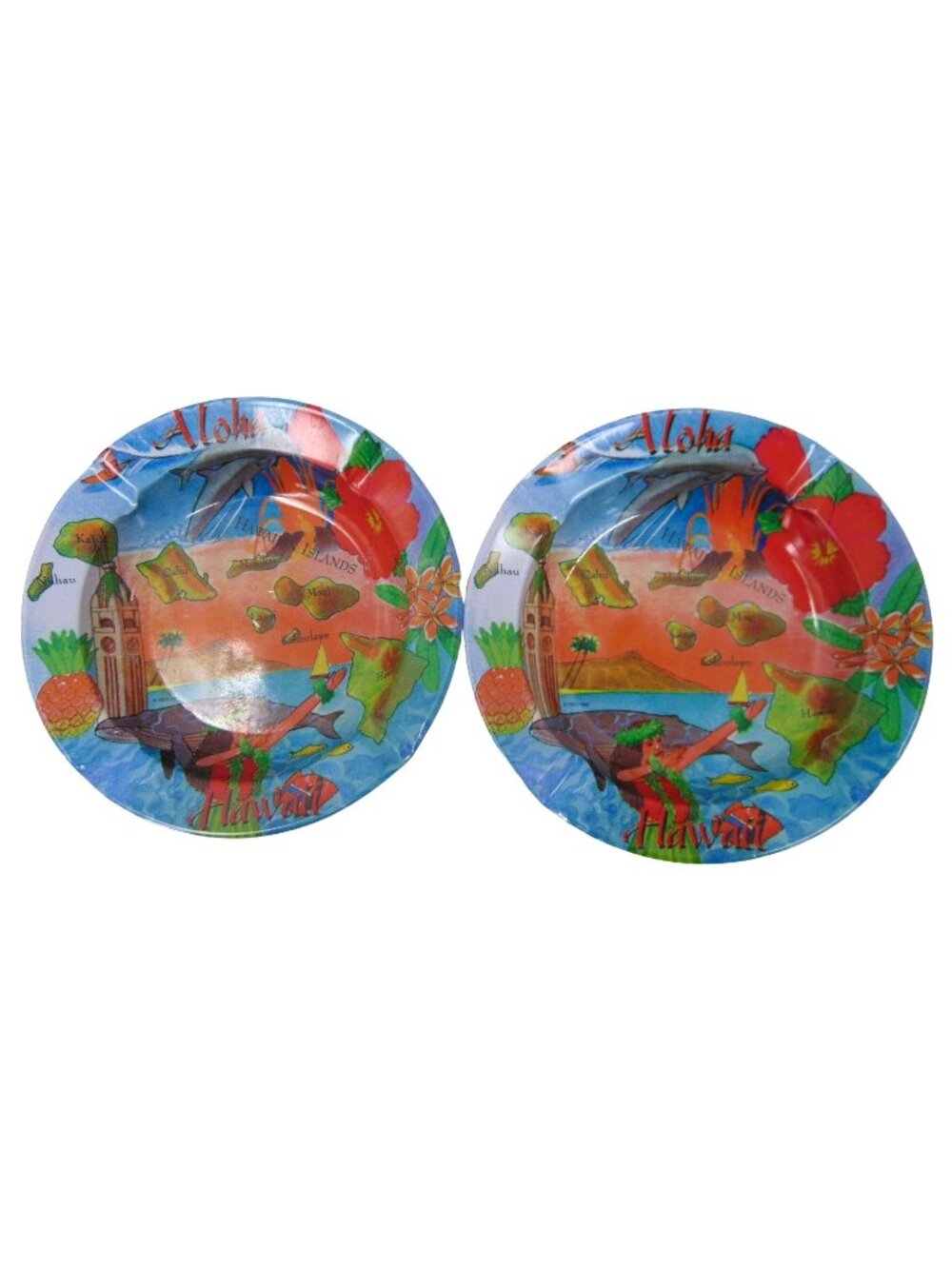 Vintage Tin Hawaii Ashtray Aloha Hawaiian Islands Vibrant Tiki Lot 2 Tourist
